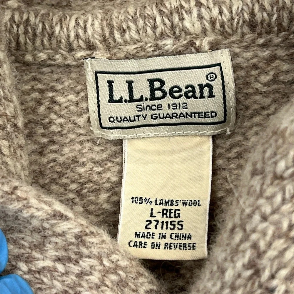 LL Bean Sweater Mens Large Beige 100% Lambswool Shawl Neck Elbow Patch Pullover - Picture 2 of 10
